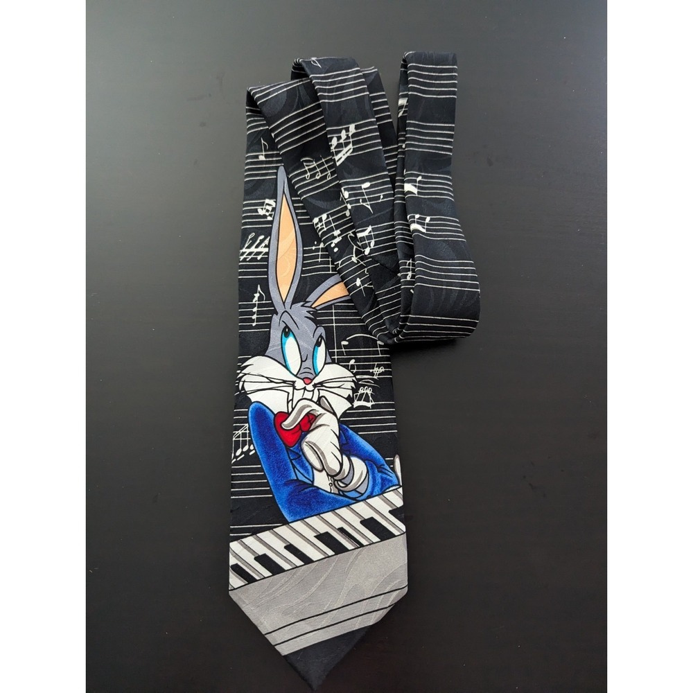 Vintage Looney Tunes Mania Tie‎ Necktie Bugs Bunny Playing Piano Korea Made